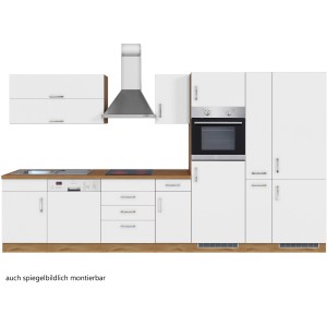 Moderne Küchenzeile Sorrento 360 cm in Weiß-Wotaneiche mit E-Geräten und Edelstahl-Dunstabzugshaube.