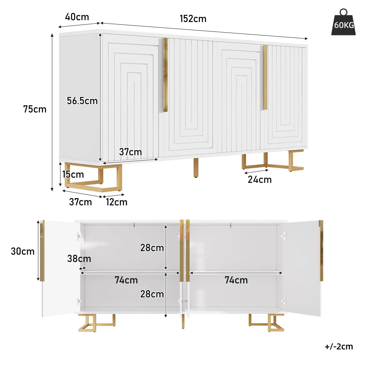 okwish Sideboard mit Geometrischem Design Goldene Griffe Wohnzimmer 152x40x75cm Weiß_5