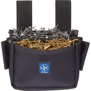 Schwarze LUX Nageltasche aus Nylon mit zwei Fächern, gefüllt mit Nägeln und Schrauben.