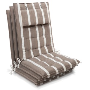 Drei beige-weiß gestreifte Beautissu Hochlehner Auflagen mit Befestigungsschnüren für Gartenstühle.