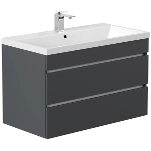 Posseik Badmöbel Felini 90, grafitfarben mit grifflosen Schubladen und Mineralgusswaschbecken.