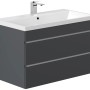 Posseik Badmöbel Felini 90, grafitfarben mit grifflosen Schubladen und Mineralgusswaschbecken.