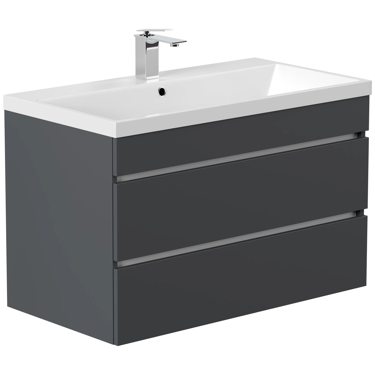 Posseik Badmöbel Felini 90, grafitfarben mit grifflosen Schubladen und Mineralgusswaschbecken.