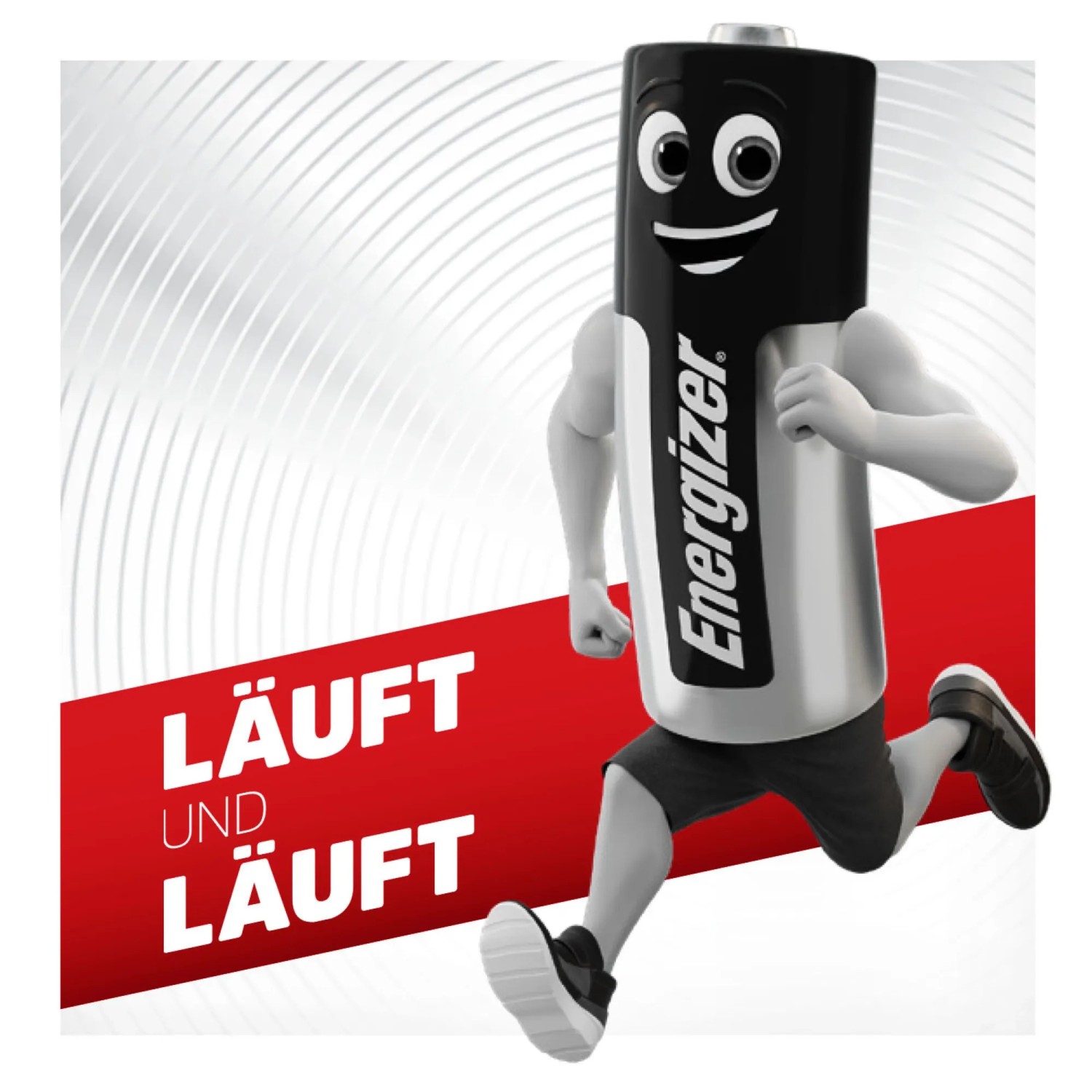 Lustige Energizer Lithium CR2032 Knopfzelle als Comicfigur beim Laufen.