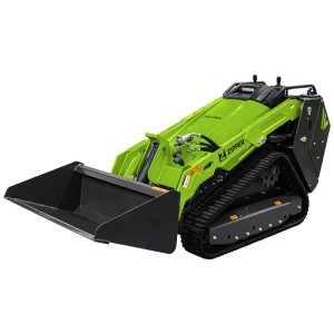 Grüner Zipper Minikompaktlader ZI-MKL1450 mit schwarzer Schaufel und Raupenfahrwerk für Baustellen.