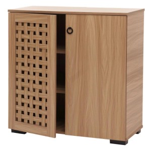 Braune MCW Kommode N87 mit zwei Türen, eine davon im 3D-Flecht-Design, für Wohnzimmer oder Flur.