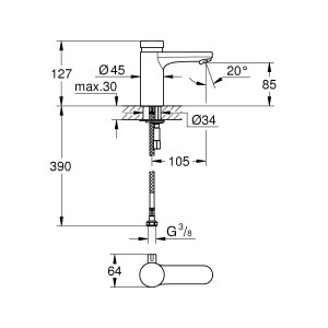 Technische Zeichnung der Grohe Eurosmart CT Selbstschluss-Waschtischbatterie mit Maßangaben.