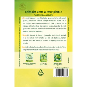 Quedlinburger Feldsalat 'Verte a couer plein 2' Samenpackung mit Infos zu Anbau und Ernte.