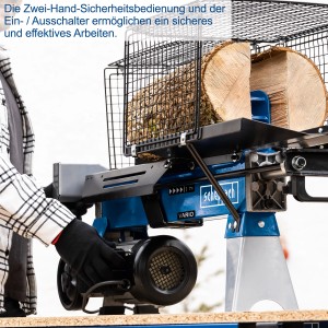 Scheppach Holzspalter HL760LS (7 t) in Aktion mit Holzscheit im Spaltbereich.