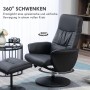 Schwarzer Relaxsessel aus Kunstleder mit Hocker. Der drehbare Loungesessel bietet 360° Schwenkfunktion und Liegefunktion.