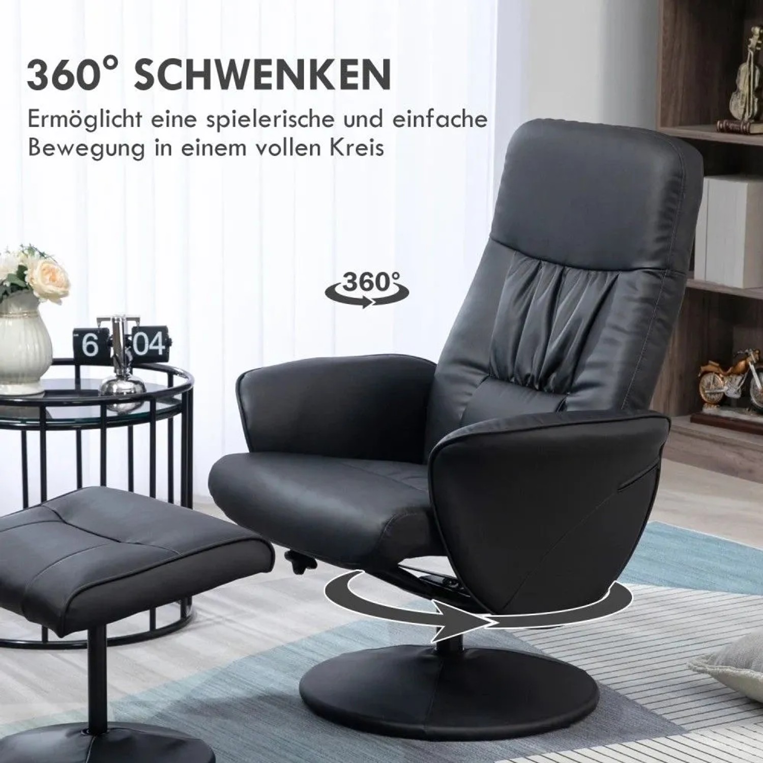 Schwarzer Relaxsessel aus Kunstleder mit Hocker. Der drehbare Loungesessel bietet 360° Schwenkfunktion und Liegefunktion.