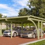 Karibu Doppelcarport Eco mit zwei geparkten Autos unter dem Holzdach.