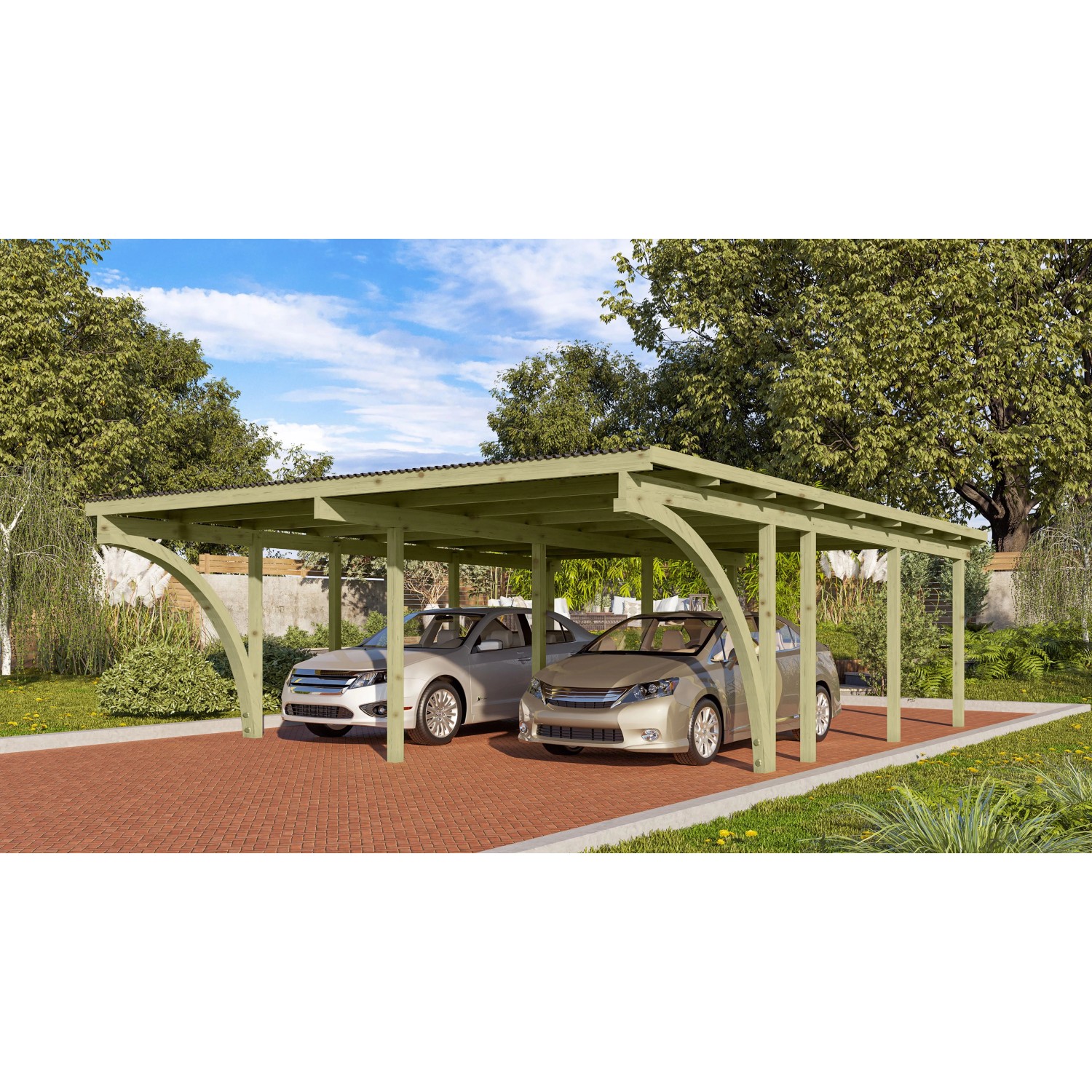 Karibu Doppelcarport Eco mit zwei geparkten Autos unter dem Holzdach.