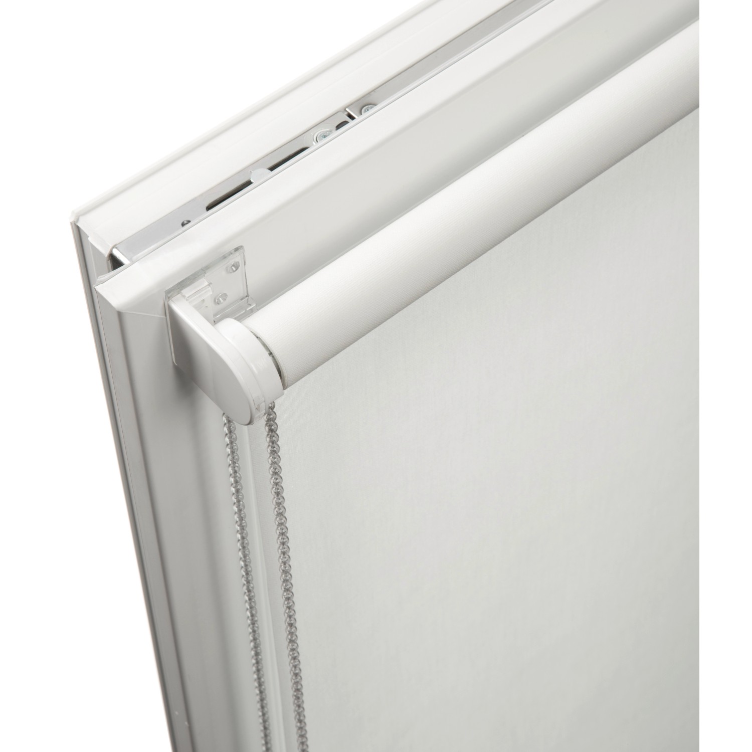 Detailansicht des weißen Schöner Wohnen Tageslicht-Rollos Tizia (45x150 cm) mit Seitenzugkette.