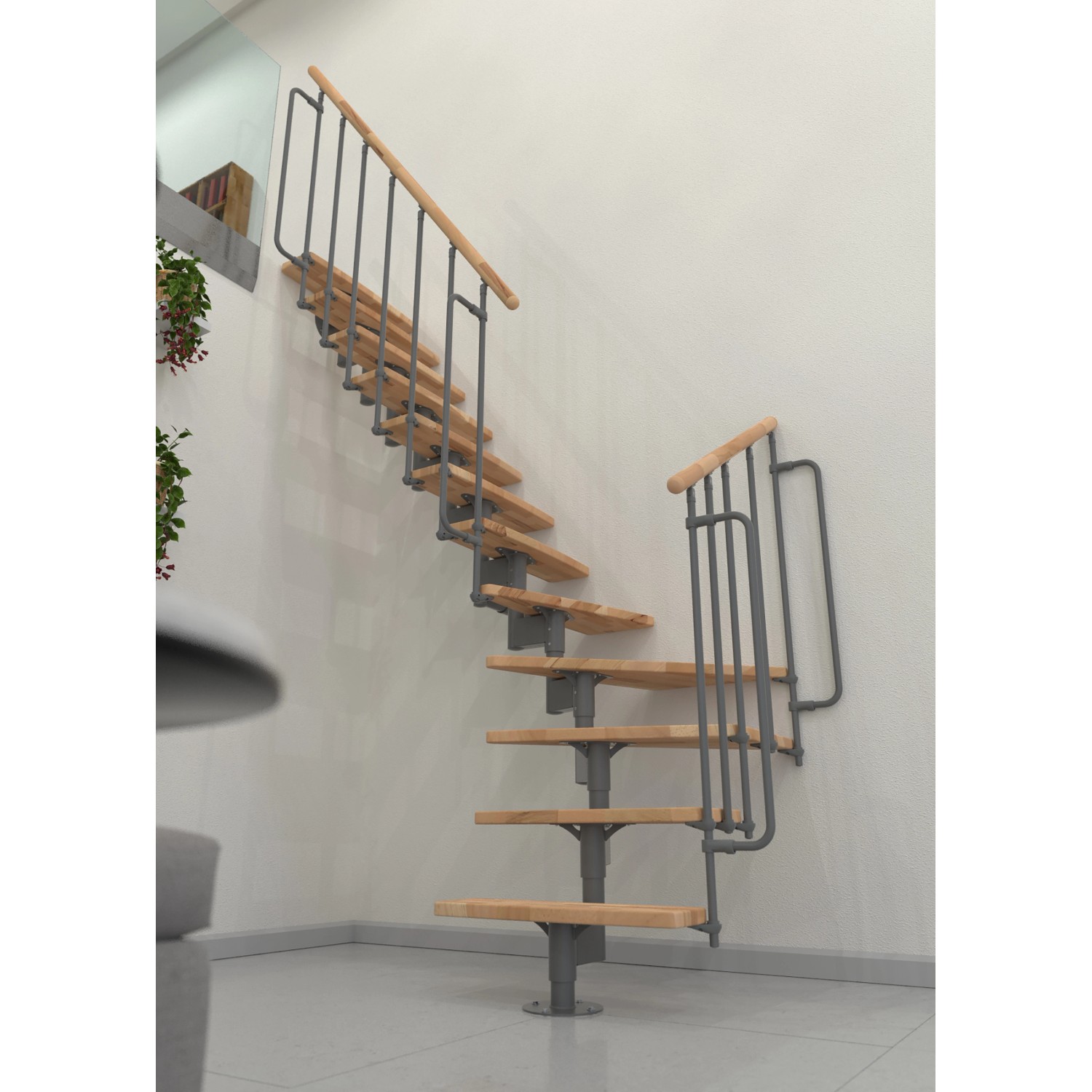 Minka Raumspartreppe Joker Turn, grau/buche hell, Innentreppe mit Metallgeländer und Holzstufen.