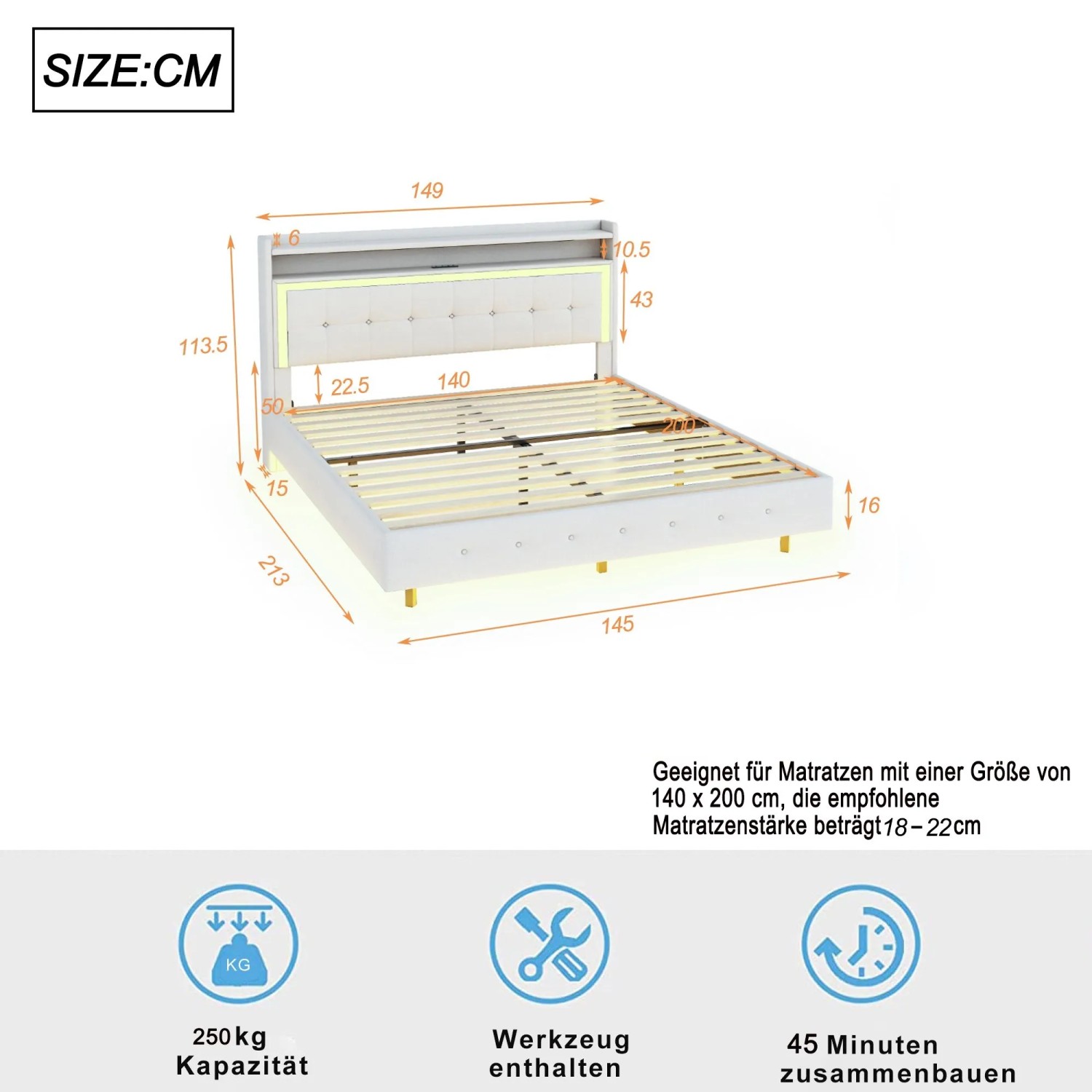 okwish Polsterbett 140x200cm mit USB LED Verstecktem Fußteil Beige ohne Matratze_5