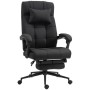 Schwarzer ergonomischer Bürostuhl mit Leinenoptik, Kopfkissen und ausziehbarer Fußstütze auf Rollen.