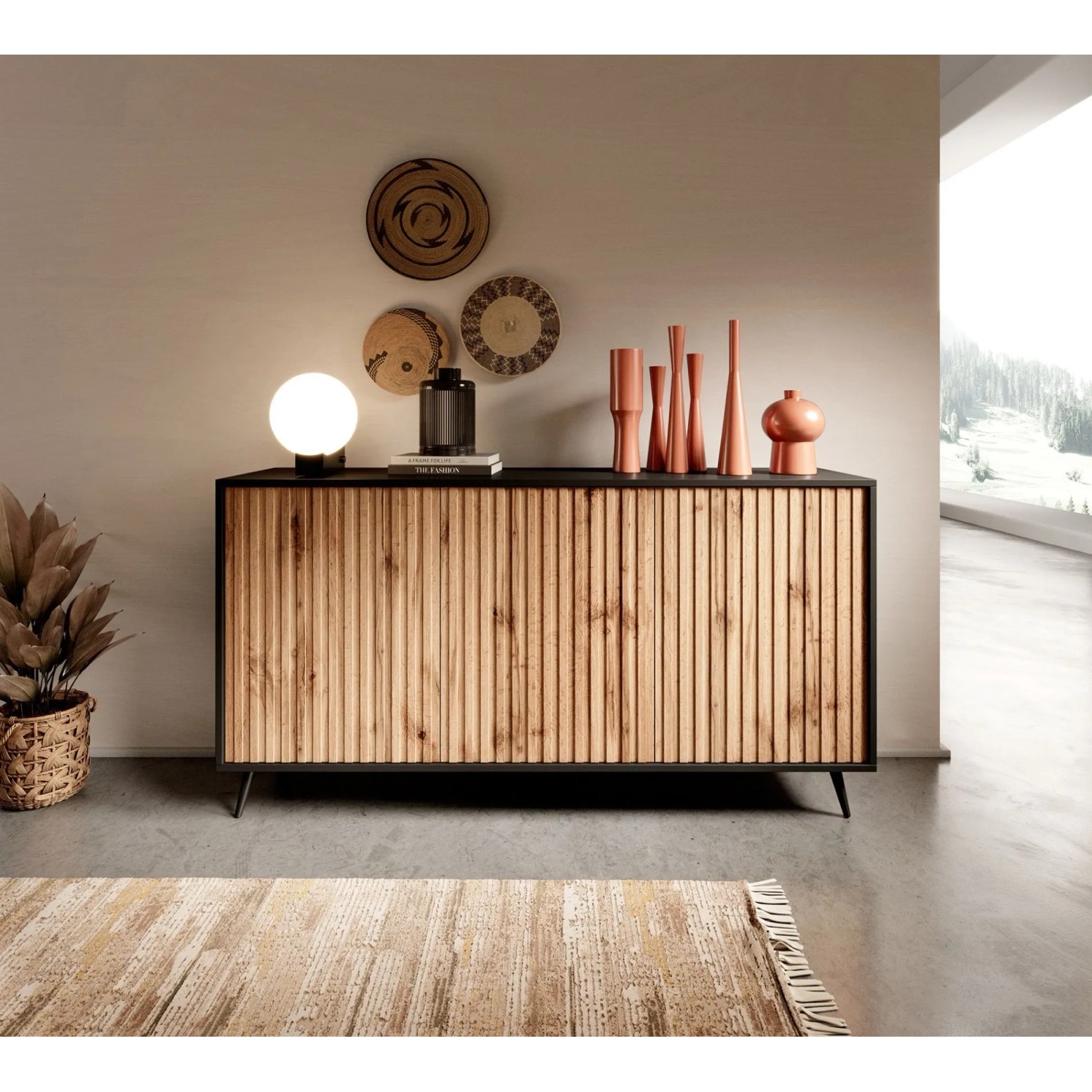 Selsey Sideboard Bello, 154 cm, schwarz mit Wotan-Eiche Lamellenfronten. Elegante Kommode für Wohnzimmer.