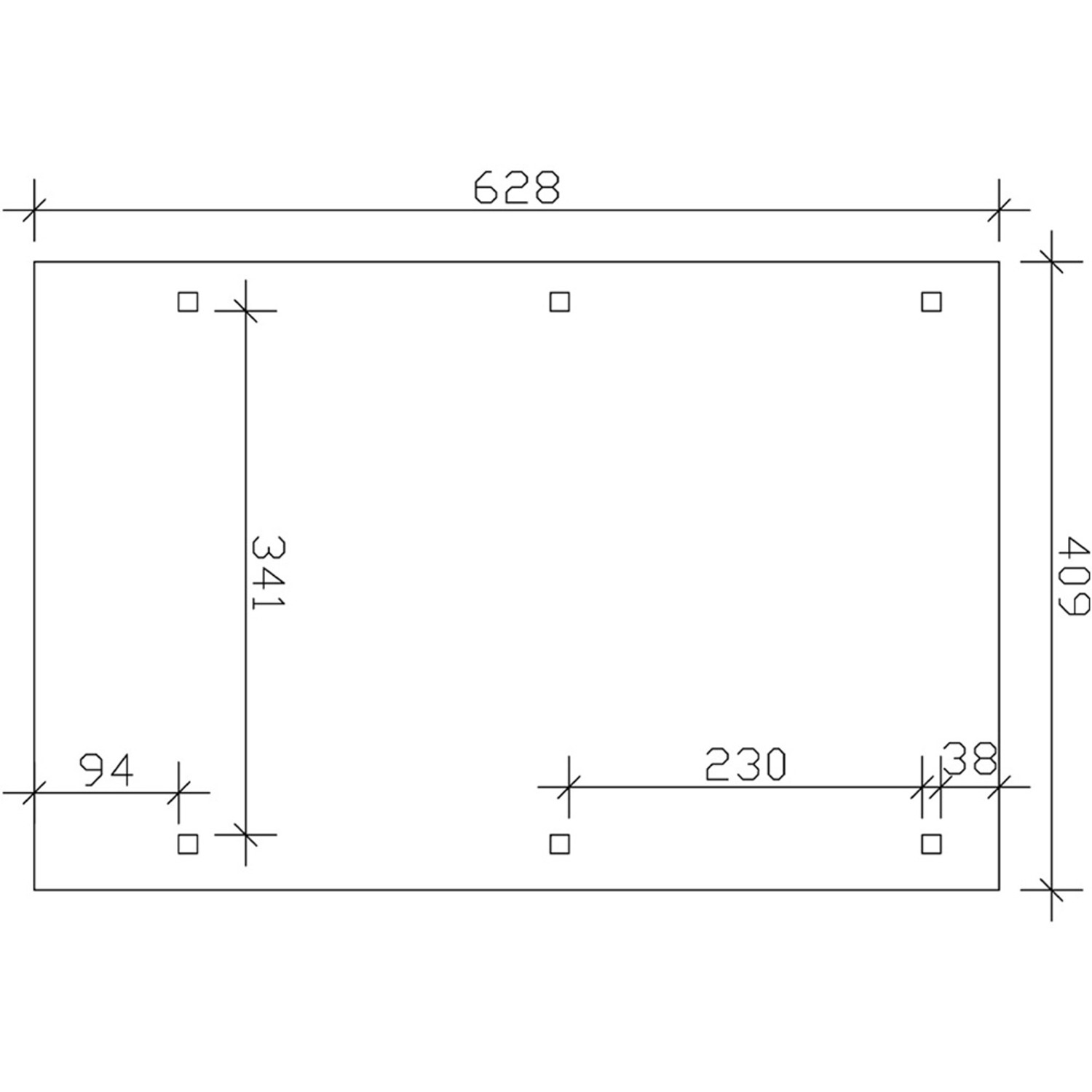 Technische Zeichnung des Skan Holz Carport Wendland Nussbaum, Maße: 409 x 628 cm.