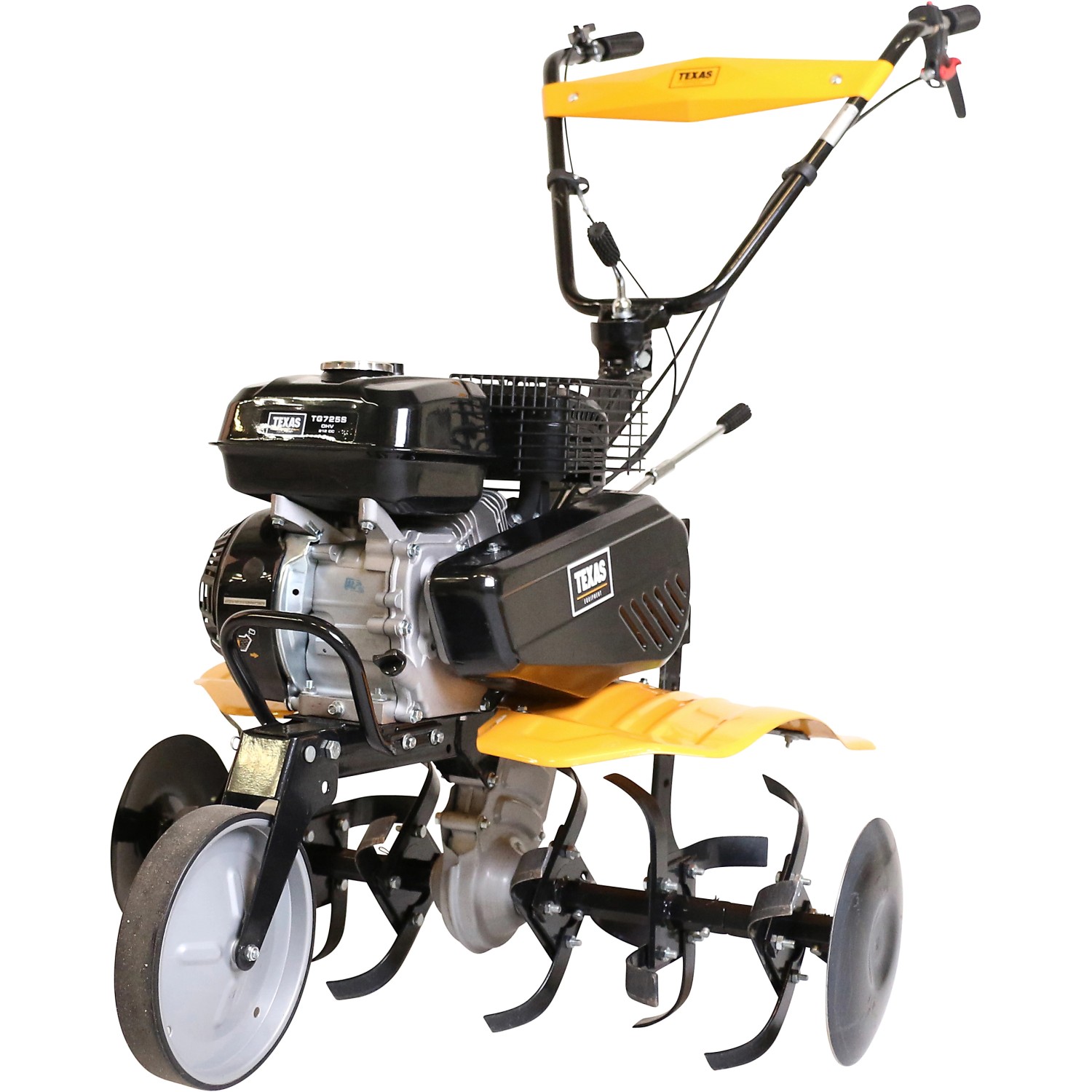 Texas FX815TG Benzin-Motorhacke mit gelbem Holm, Transportrad und Hackmessern.