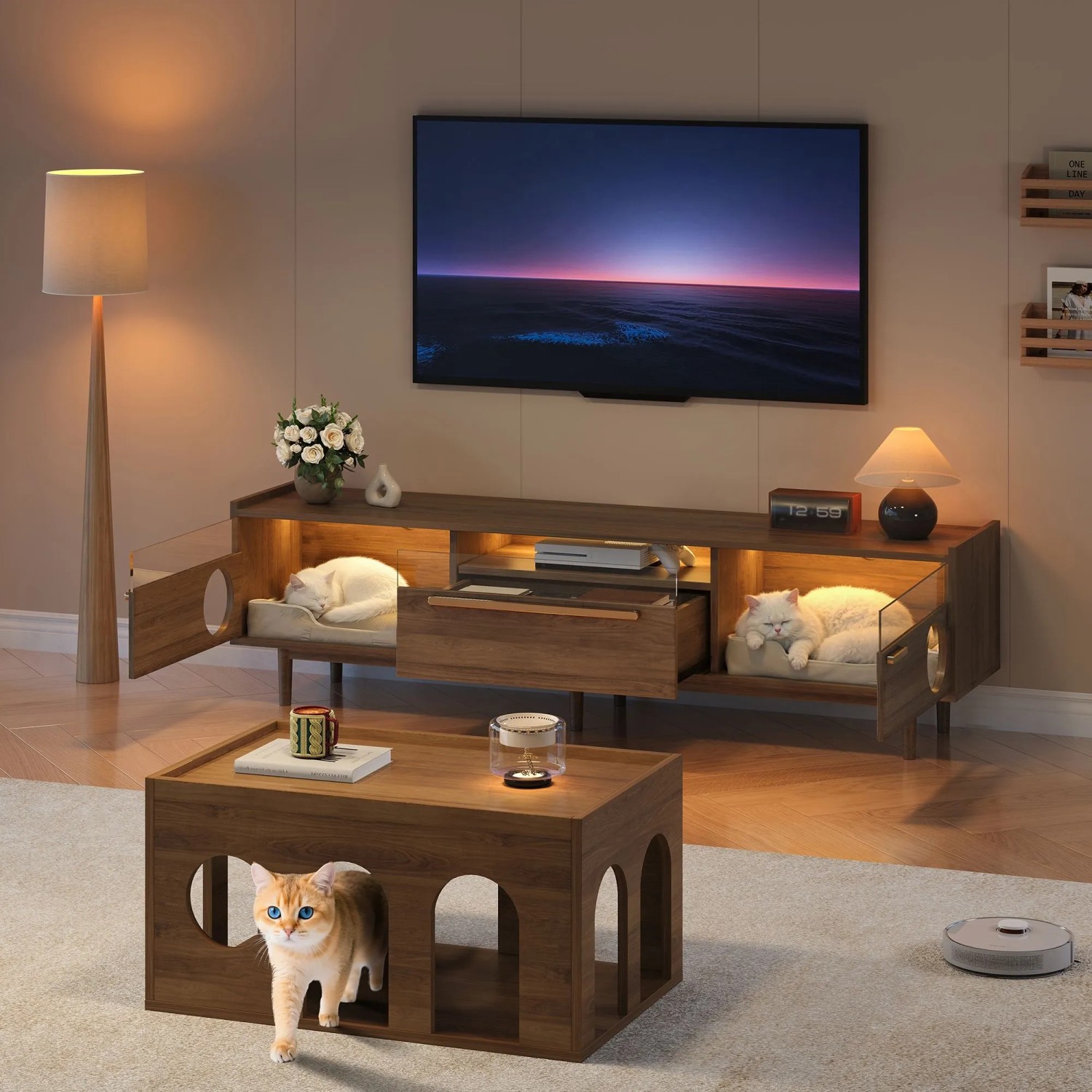okwish TV Schrank mit LED Katzenruheraum Glas Türen Wohnzimmer 180x40x50cm Nussbaum kaufen bei OBI