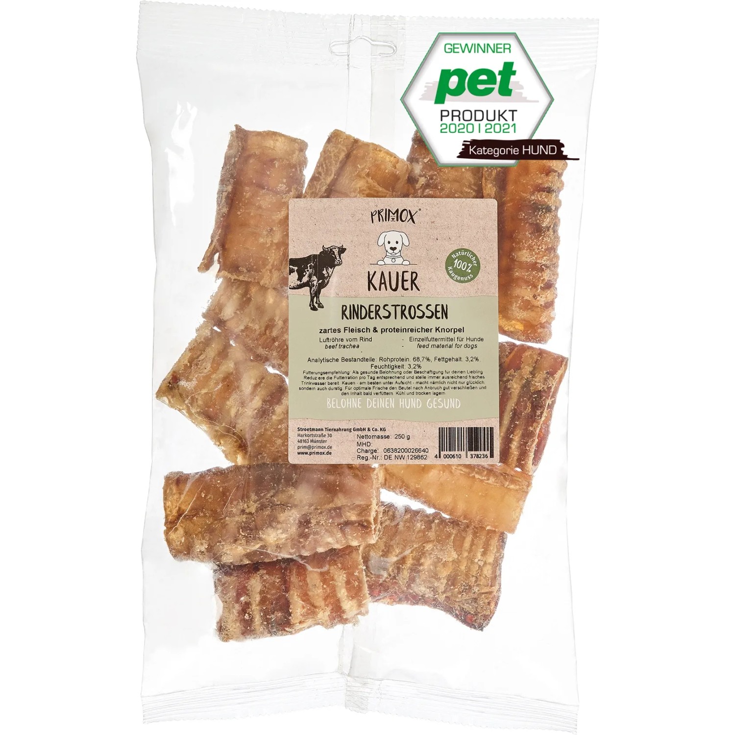 Primox Kauer Klassik Rinderstrossen, 250g, im transparenten Beutel. Hunde-Snack aus Rind.