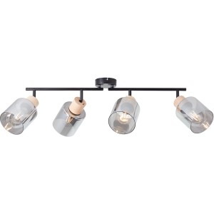 Brilliant Spot Weald, 4-flammig, schwarz/Holz: Deckenleuchte mit vier Rauchglas-Spots und Holzdetails.