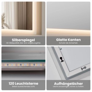 Emke LED Badspiegel Details: Silberspiegel, integrierte Kaltweiß/Warmweiß Beleuchtung, glatte Kanten, sichere Aufhängung.