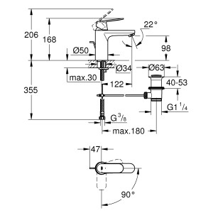 Technische Zeichnung: Grohe Eurosmart Cosmopolitan Waschtischarmatur M-Size, Chrom, mit Maßangaben.