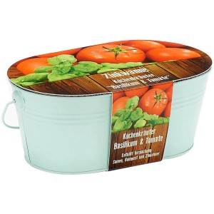 2er Kräuter- und Gemüsesamen-Set mit Zinkwanne, Basilikum und Tomate.