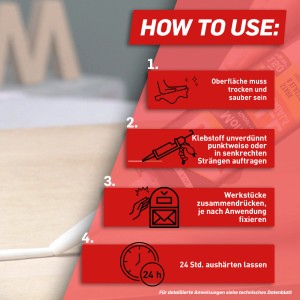 Anleitung zur Anwendung von Pattex Montagekleber: Oberfläche reinigen, Kleber auftragen, Werkstücke fixieren, 24h aushärten lassen.