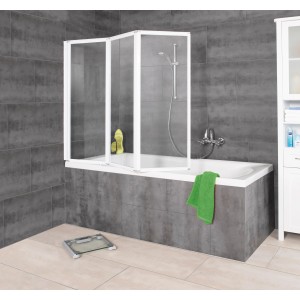 3-teiliger Badewannenaufsatz, 120x130 cm, mit klarem Einscheibensicherheitsglas und weißen Profilen.