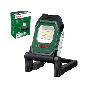Bosch Akku-Lampe UniversalLight 18V-2100 in Grün/Schwarz mit LED-Panel und Verpackung. Drehbarer Kopf, Standfuß.