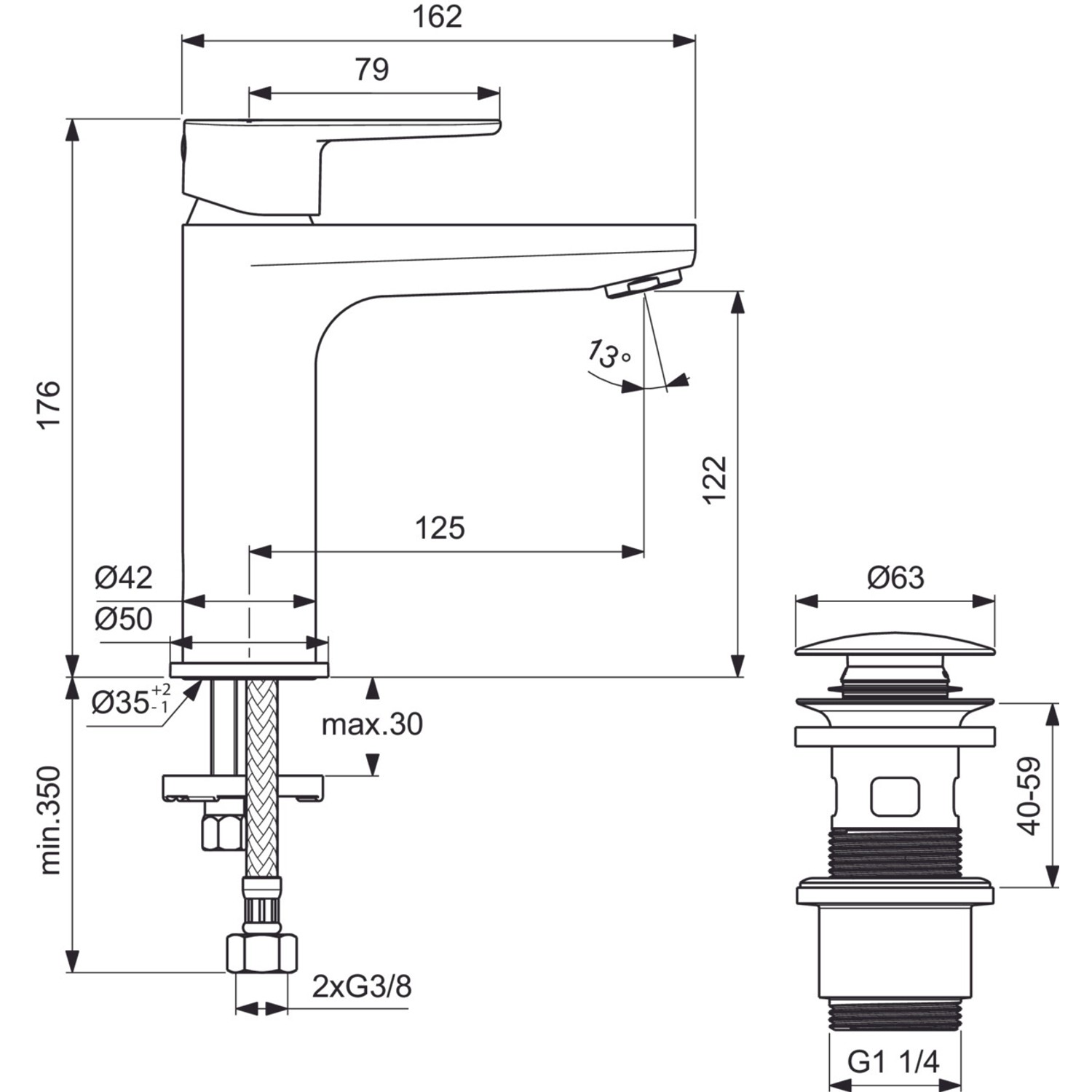 Technische Zeichnung: Ideal Standard Waschtischarmatur Rosé, Ausladung 125mm, Maße und Details.