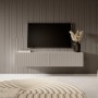 Selsey TV-Hängeboard Veldio 140 cm in Greige mit geriffelter Lamellenfront, montiert in modernem Wohnzimmer.