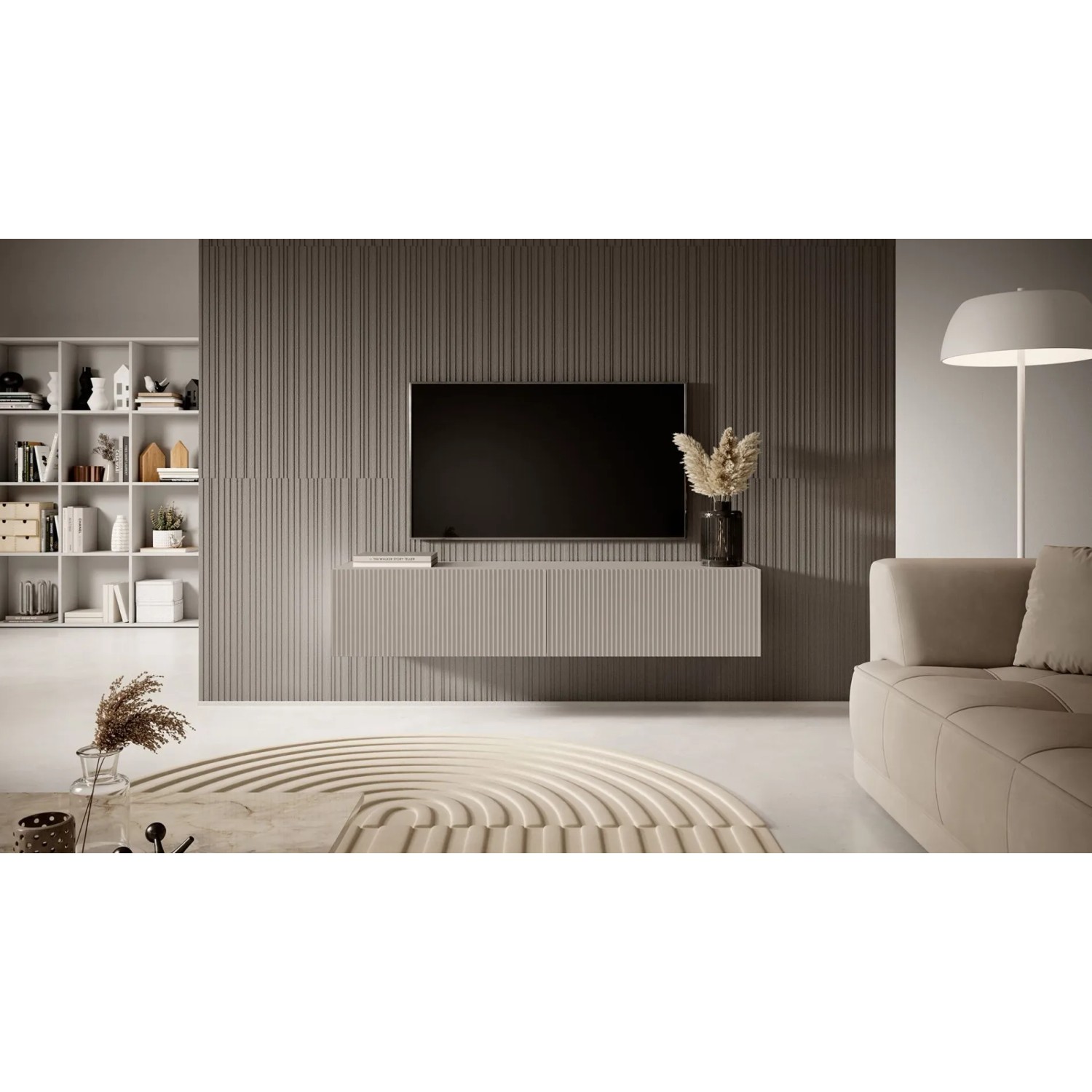 Selsey TV-Hängeboard Veldio 140 cm in Greige mit geriffelter Lamellenfront, montiert in modernem Wohnzimmer.