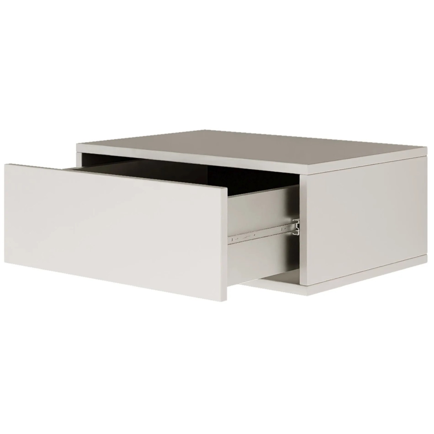 Weißer wandhängender Nachttisch mit offener Schublade. Modernes, griffloses Design, ideal für Schlafzimmer.