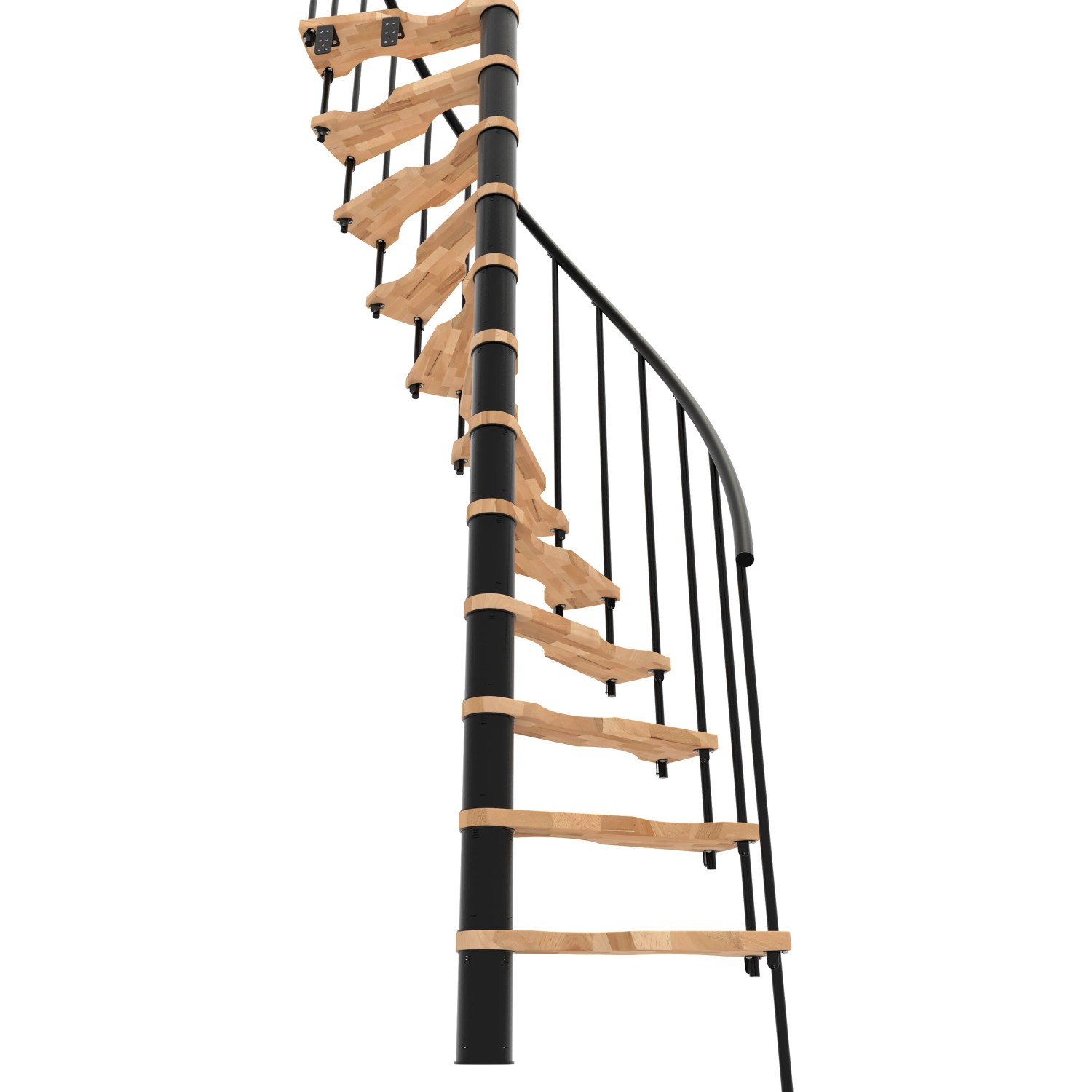 Platzsparende Minka Spindeltreppe Suono Smart mit Buchenholzstufen und schwarzem Metallgeländer.