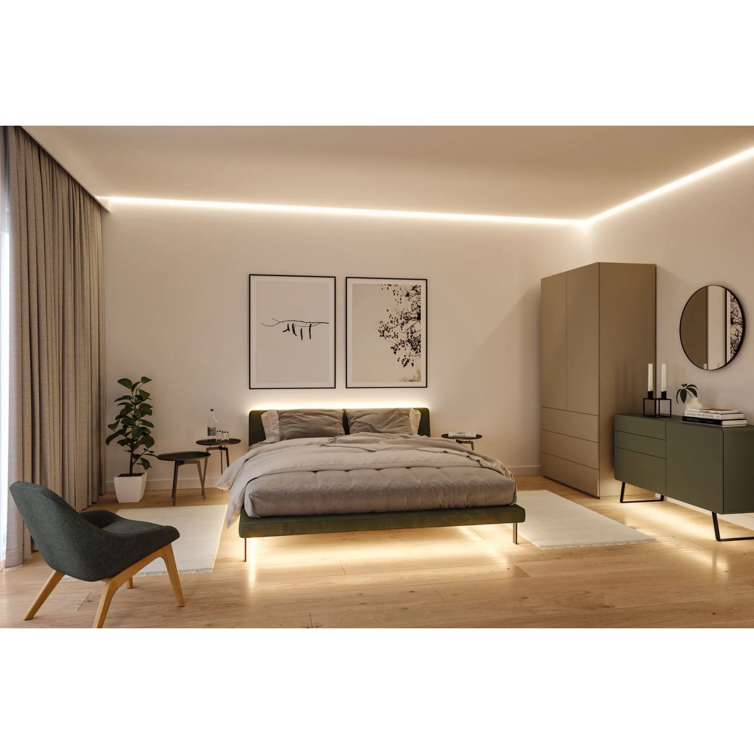 Schlafzimmer mit indirekter Beleuchtung durch Paulmann MaxLED 500 LED Streifen.