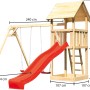 Karibu Spielturm Lotti mit roter Rutsche und Doppelschaukel, naturbelassenes Holz.