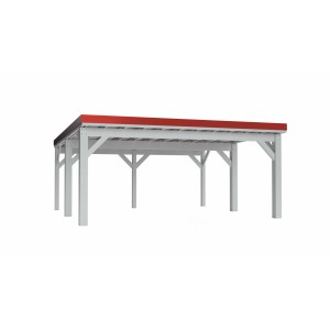 Holzbrüder Carport Ralf 36 in Reinweiß mit rotem Dach. Stabiler Unterstand für PKW, schneelastzertifiziert.