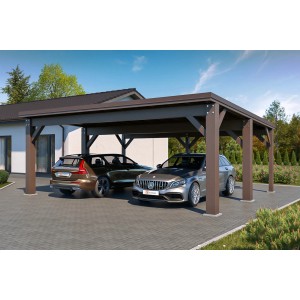 Holzbrüder Carport Ralf 42, graubraun/dunkelbraun, mit zwei parkenden Autos.