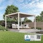 Weide Deluxe Plus Alu-Pergola 4x4m in Ivory Sand auf Terrasse. Verstellbare Lamellen für Sonnenschutz im Garten.