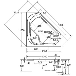 Technische Zeichnung Ottofond Whirlpool Ancona Komfort 135 cm, Maße und Details zur Badewanne.