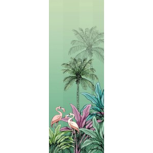 Komar Vlies Fototapete Jungle Flamingo, 100x280cm, mit Flamingos, Palmen und tropischen Pflanzen.