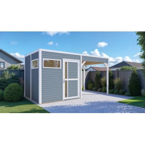 Bertilo Holz-Gartenhaus Cubus 2 Lounge hellgrau mit Überdachung, Weekendhaus aus FSC®-zertifiziertem Holz.