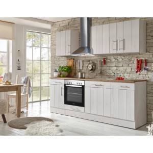 Respekta Landhausküche in Lärche Weiß matt mit E-Geräten und viel Stauraum.