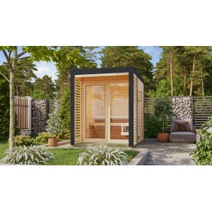 Karibu Saunahaus Seros 1: Naturbelassenes Holz mit anthrazitfarbenem Rahmen und Glastür im Garten.