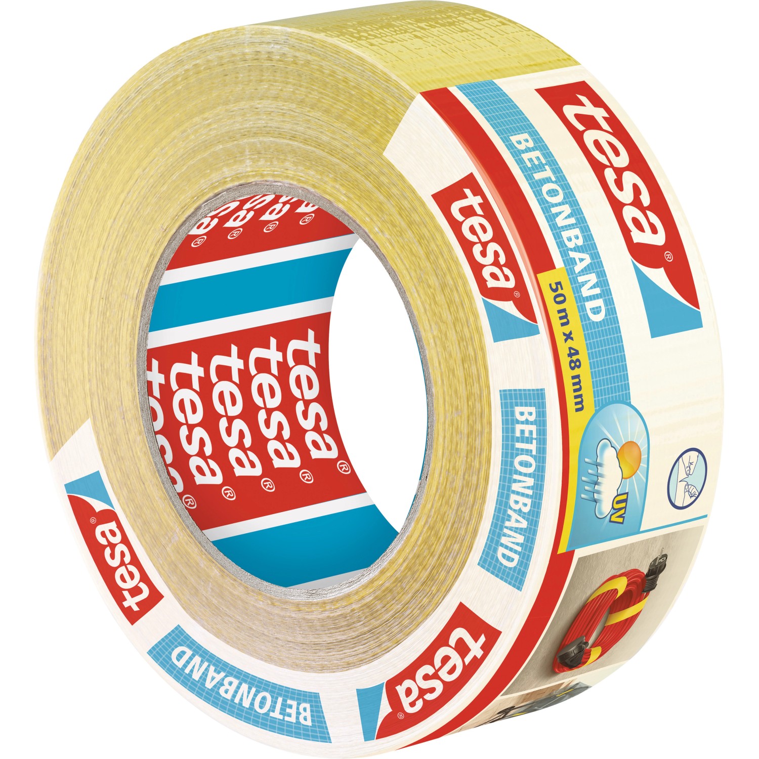 Gelbes Tesa Betonband Gewebeklebeband, 50 m x 48 mm, für Innen- und Außenbereich.