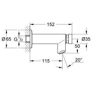 Technische Zeichnung: Grohe Euroeco CT Selbstschluss-Wandauslaufventil in Chrom mit Maßangaben.